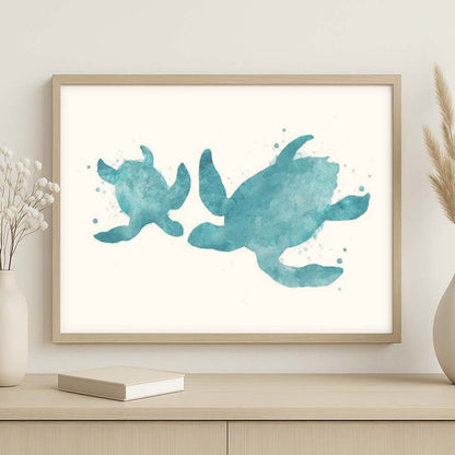 Teal Blue Sea Turtle Watercolour Print – Ocean Family Wall Art