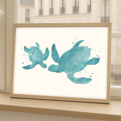 Teal Blue Sea Turtle Watercolour Print – Ocean Family Wall Art