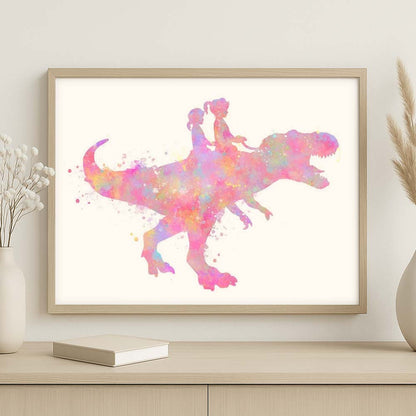 Personalised Sisters Riding T-Rex Dinosaur Wall Art