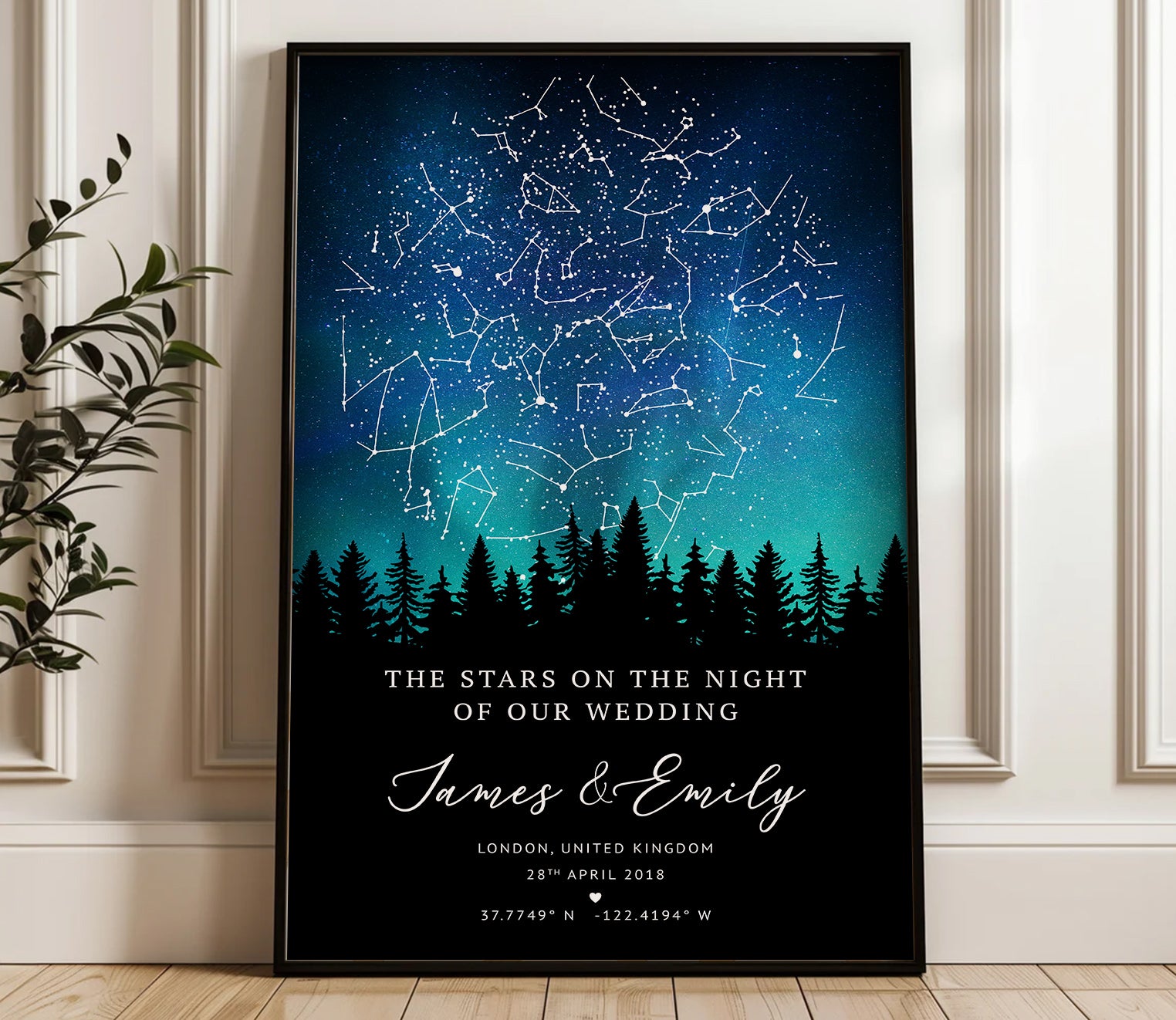 Personalized star map wedding print showing night sky constellations with couple’s names, wedding date, and location in a wooden frame