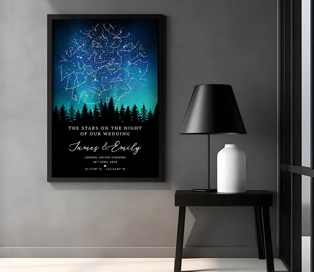 Personalized star map wedding print showing night sky constellations with couple’s names, wedding date, and location in a wooden frame