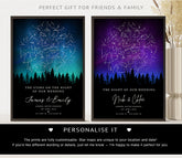 Personalized star map wedding print showing night sky constellations with couple’s names, wedding date, and location in a wooden frame