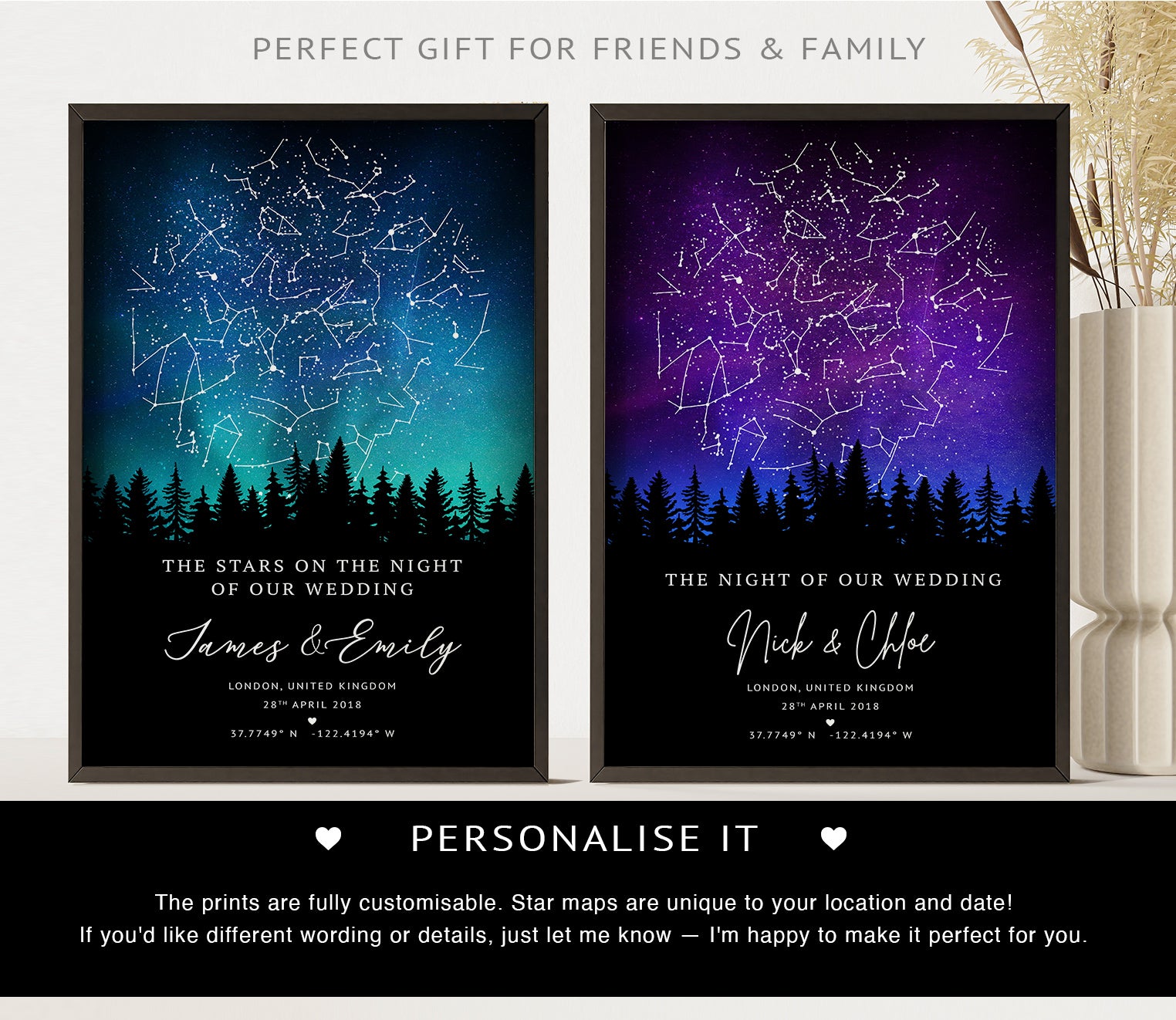 Personalized star map wedding print showing night sky constellations with couple’s names, wedding date, and location in a wooden frame