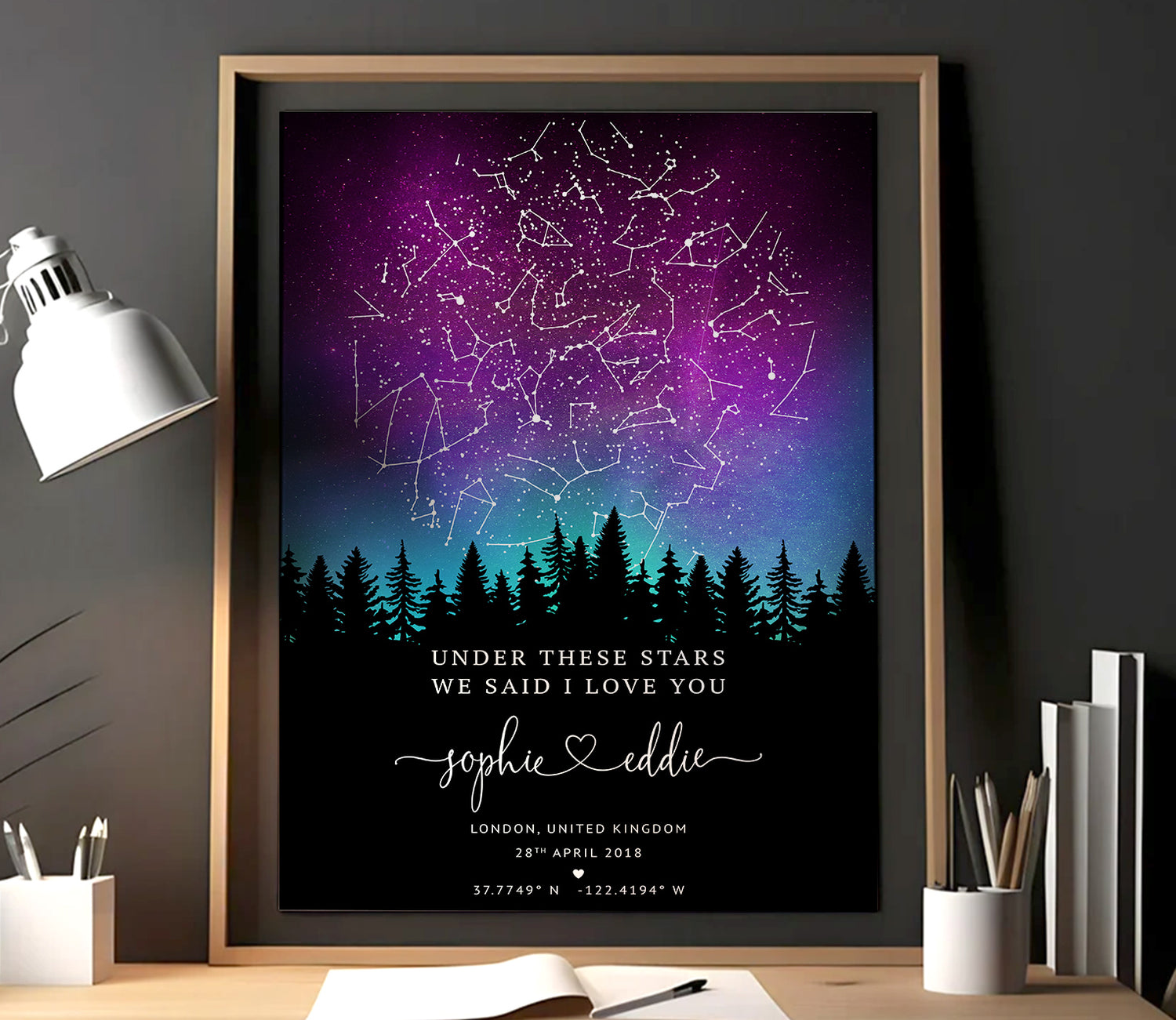 Personalized star map wedding print showing night sky constellations with couple’s names, wedding date, and location in a wooden frame