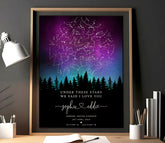Personalized star map wedding print showing night sky constellations with couple’s names, wedding date, and location in a wooden frame