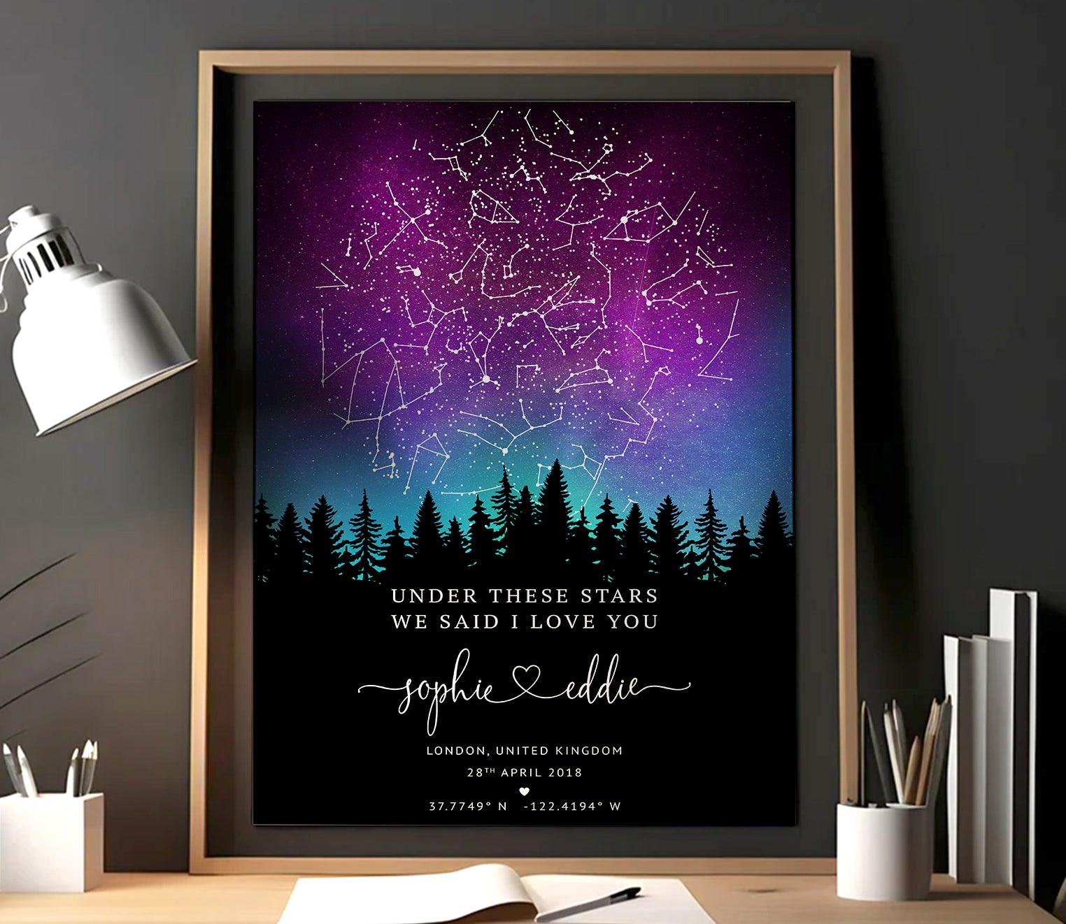 Personalized star map wedding print showing night sky constellations with couple’s names, wedding date, and location in a wooden frame
