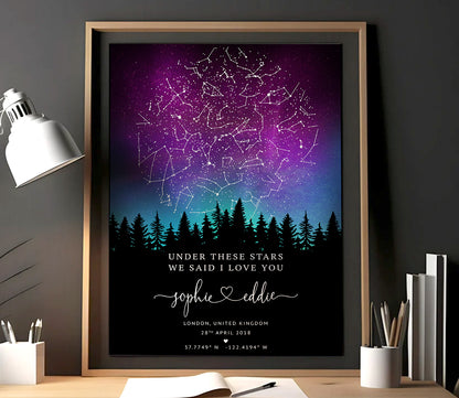 Personalized star map wedding print showing night sky constellations with couple’s names, wedding date, and location in a wooden frame