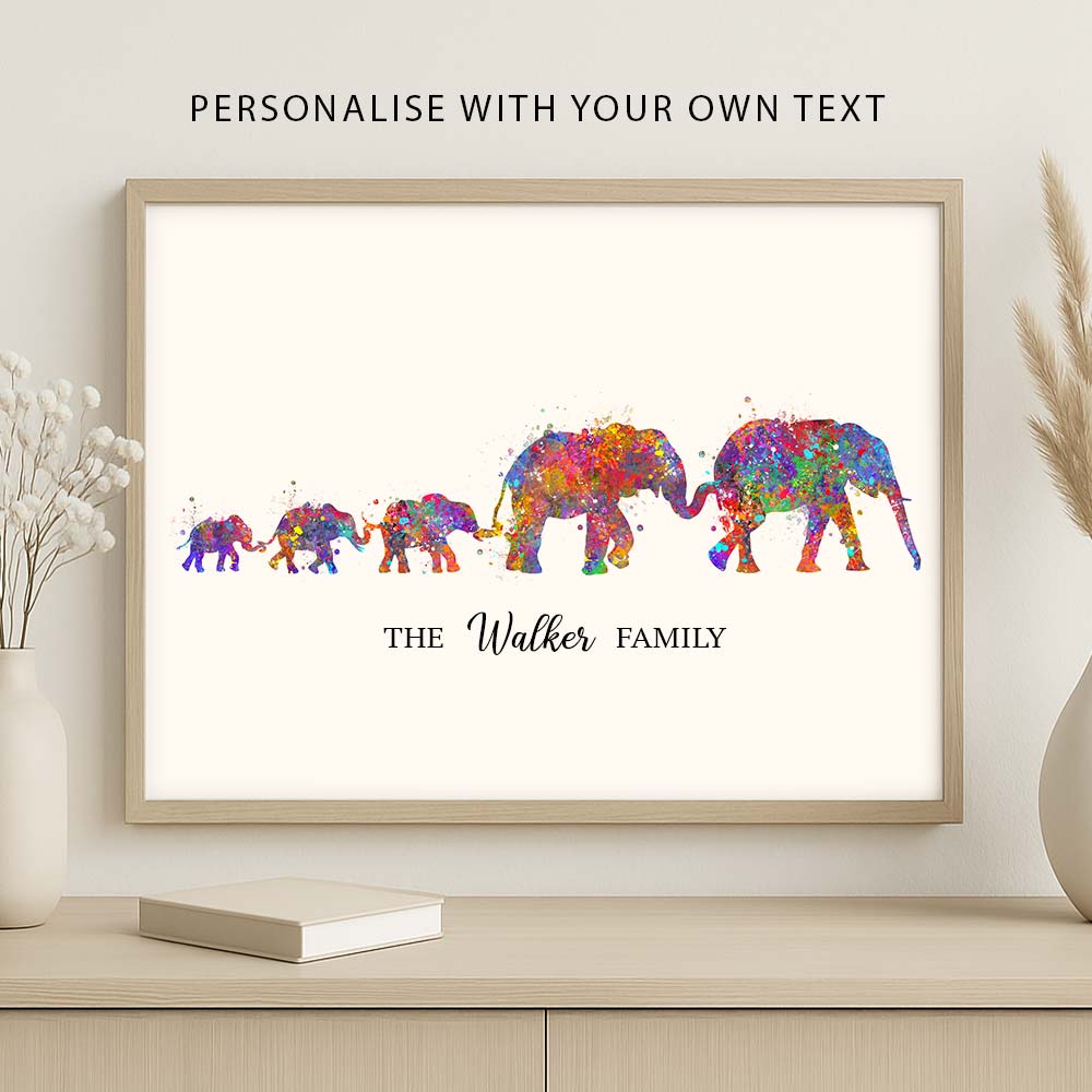 Personalised Elephant Family Print – Custom Watercolor Animal Wall Art