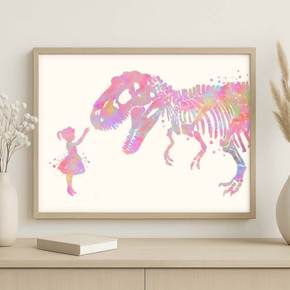 Personalised T-Rex and Girl Watercolor Wall Art – Dinosaur Nursery Print for Kids Room
