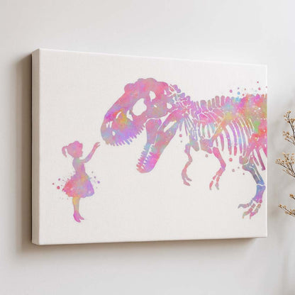 Personalised T-Rex and Girl Watercolor Wall Art – Dinosaur Nursery Print for Kids Room