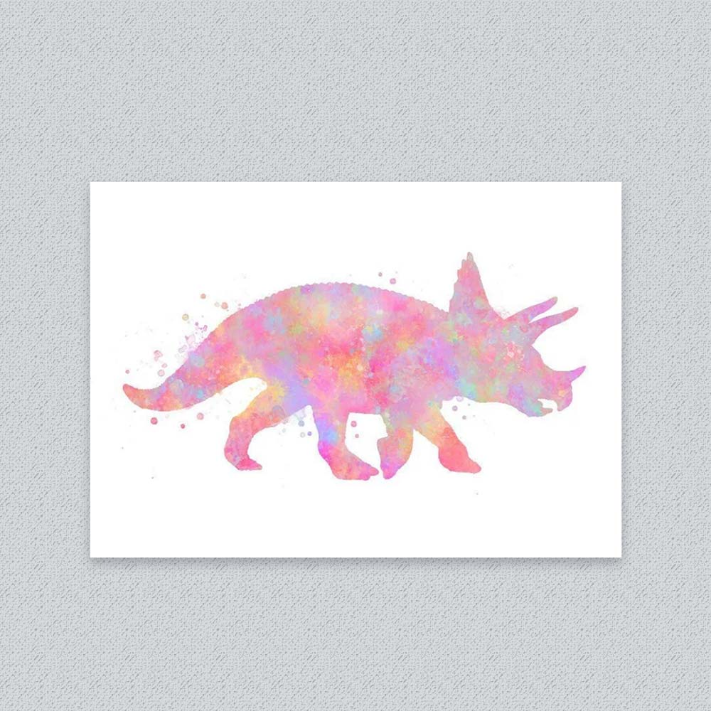 Triceratops Dinosaur Wall Art – Pink Watercolour Dino Print for Kids&