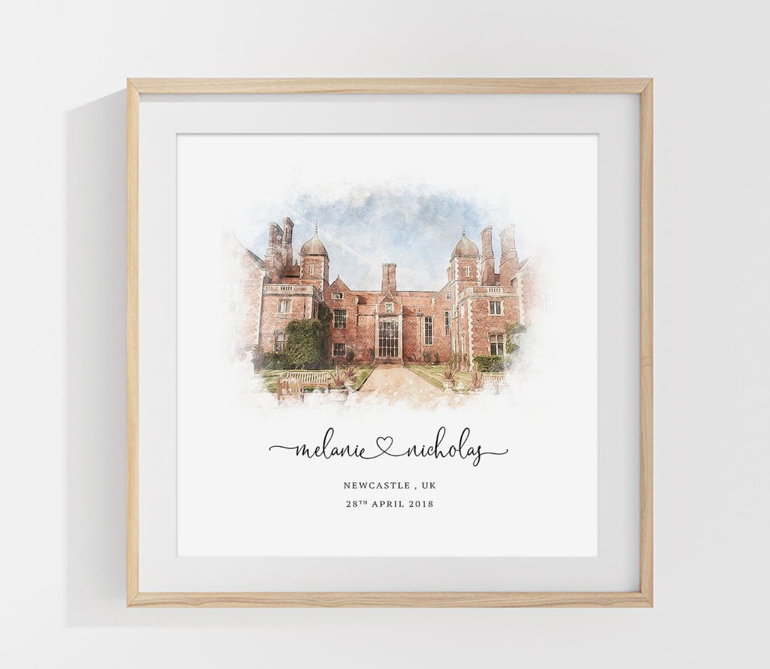 Custom watercolor wedding venue illustration featuring a historic building with personalized names, location, and wedding date in a wooden frame