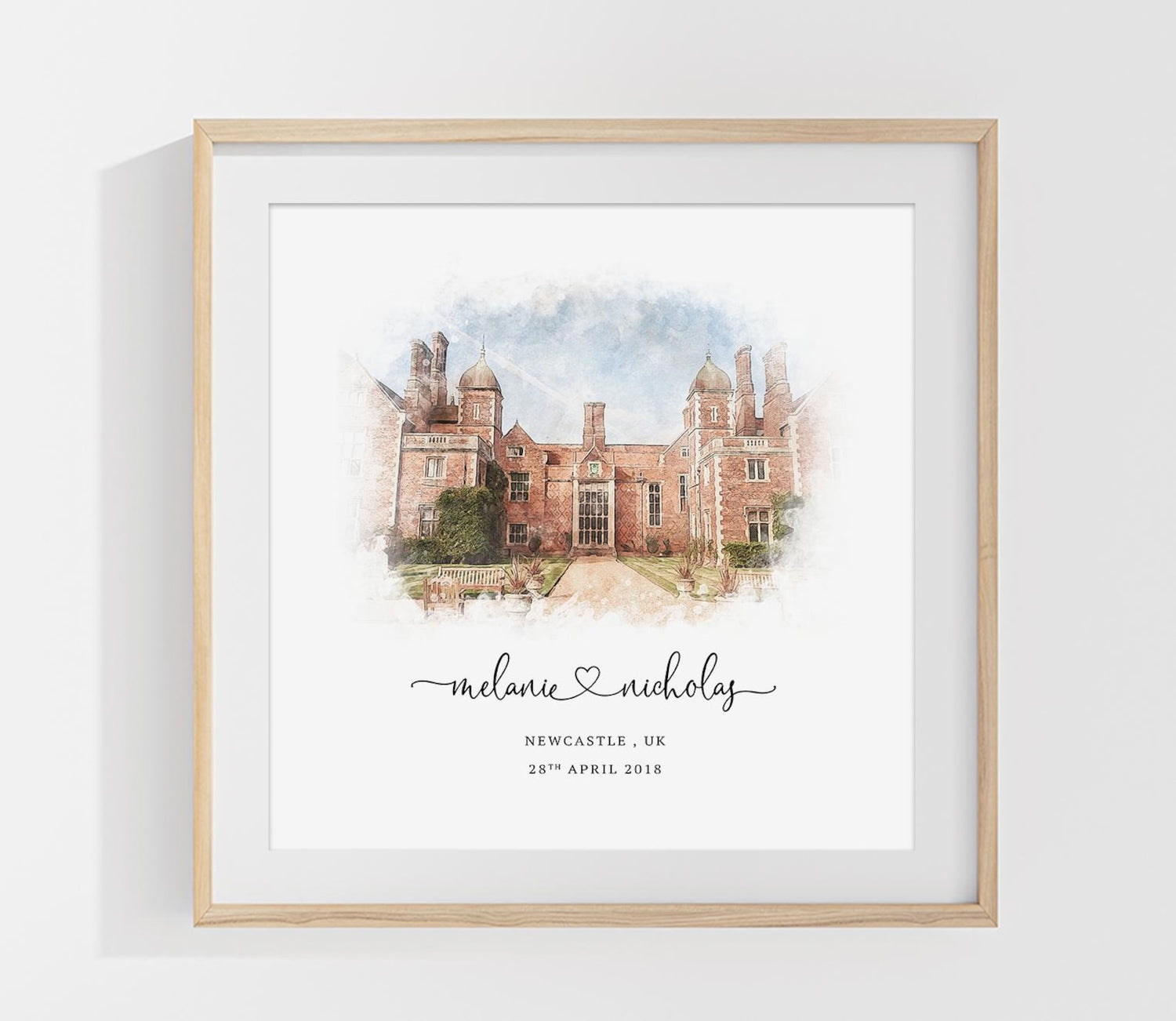 Custom watercolor wedding venue illustration featuring a historic building with personalized names, location, and wedding date in a wooden frame