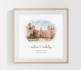 Custom watercolor wedding venue illustration featuring a historic building with personalized names, location, and wedding date in a wooden frame