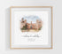Custom watercolor wedding venue illustration featuring a historic building with personalized names, location, and wedding date in a wooden frame