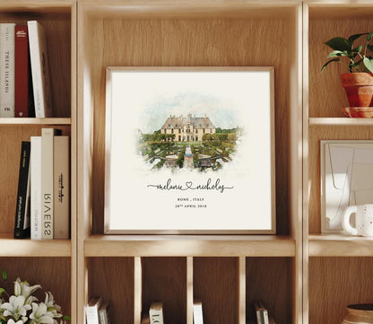 Custom watercolor wedding venue illustration featuring a historic building with personalized names, location, and wedding date in a wooden frame