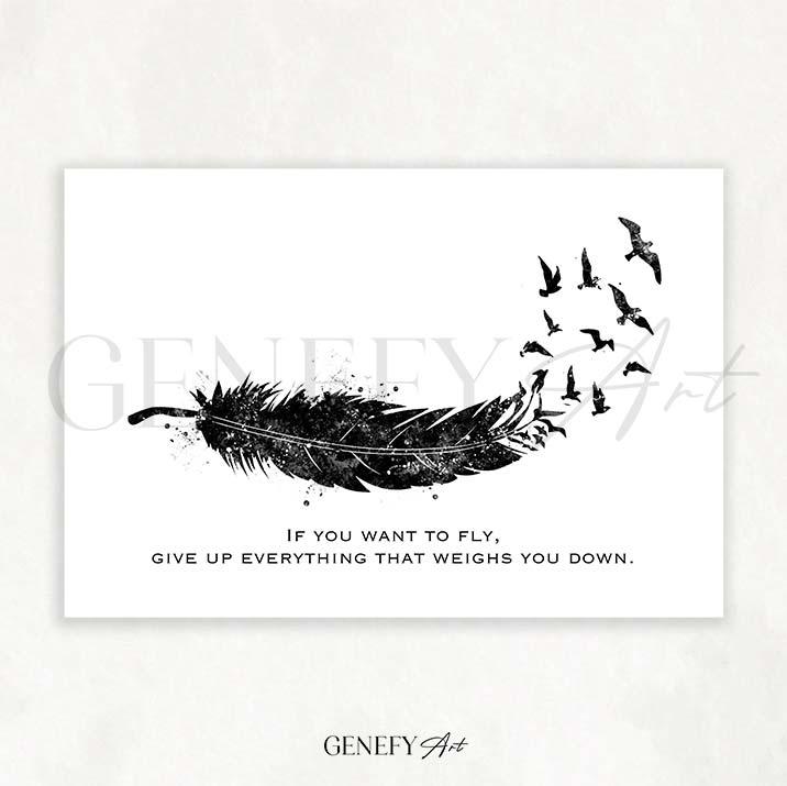 Birds Feather Motivational Quote Watercolour Print - Genefy Art