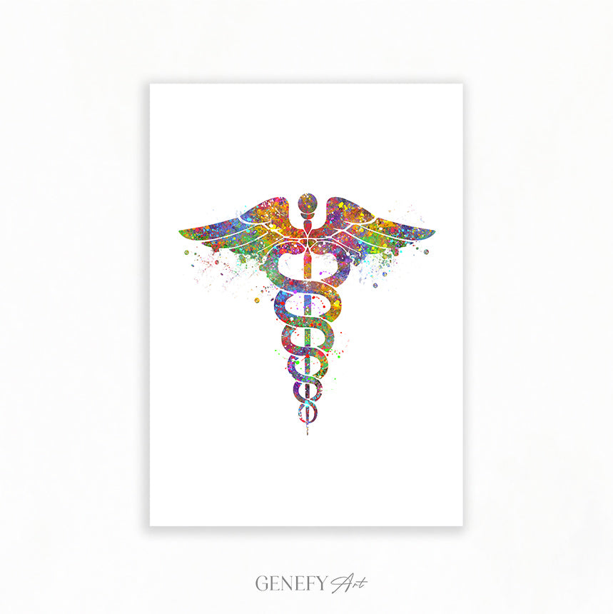 Caduceus Medical Symbol Watercolour Print