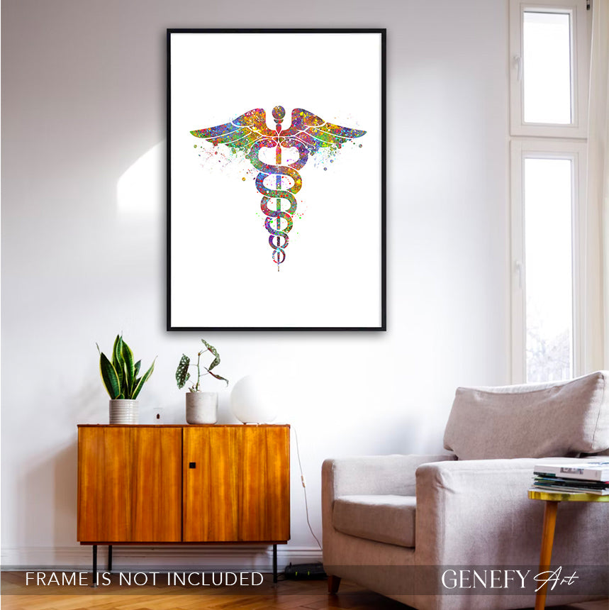 Caduceus Medical Symbol Watercolour Print