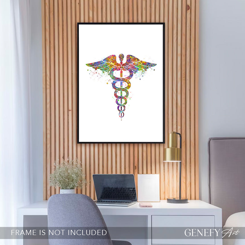 Caduceus Medical Symbol Watercolour Print