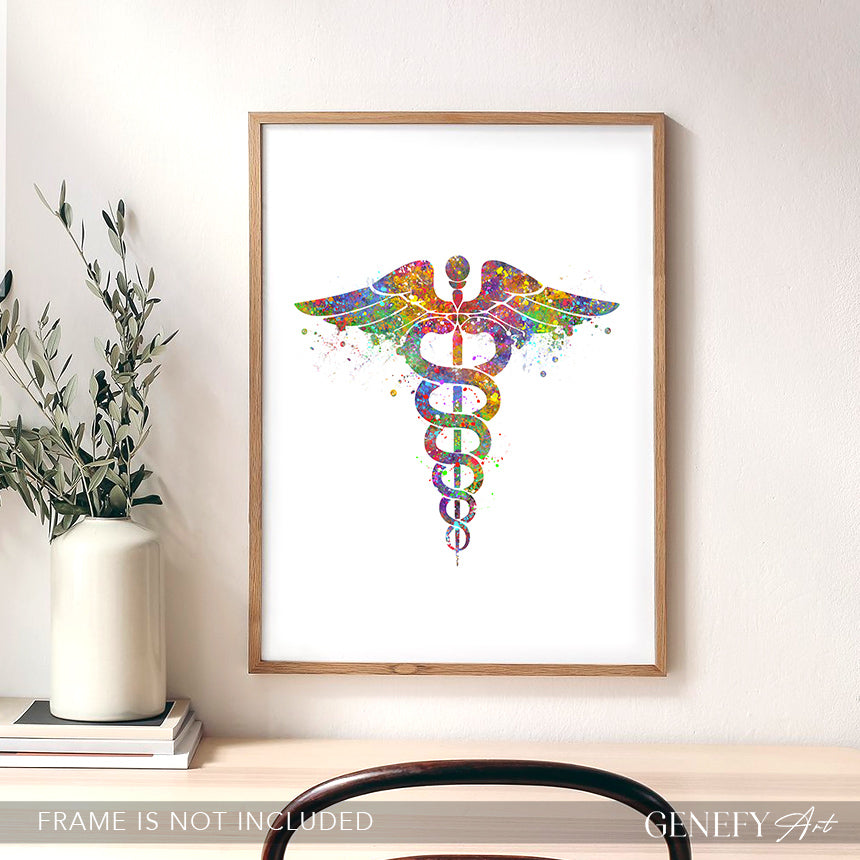 Caduceus Medical Symbol Watercolour Print