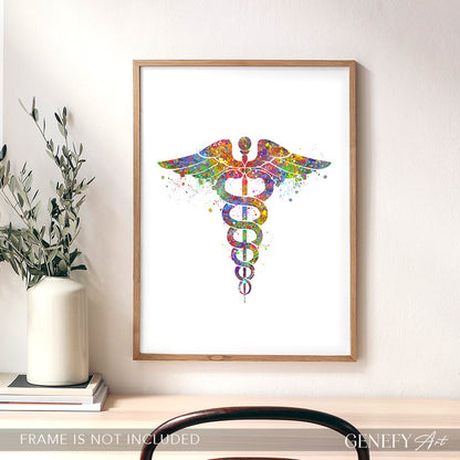 Caduceus Medical Symbol Watercolour Print