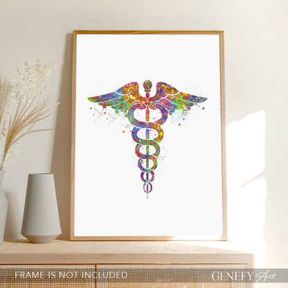 Caduceus Medical Symbol Watercolour Print