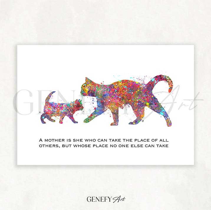 Cat and Baby Kitten Quote Watercolour Print - Genefy Art