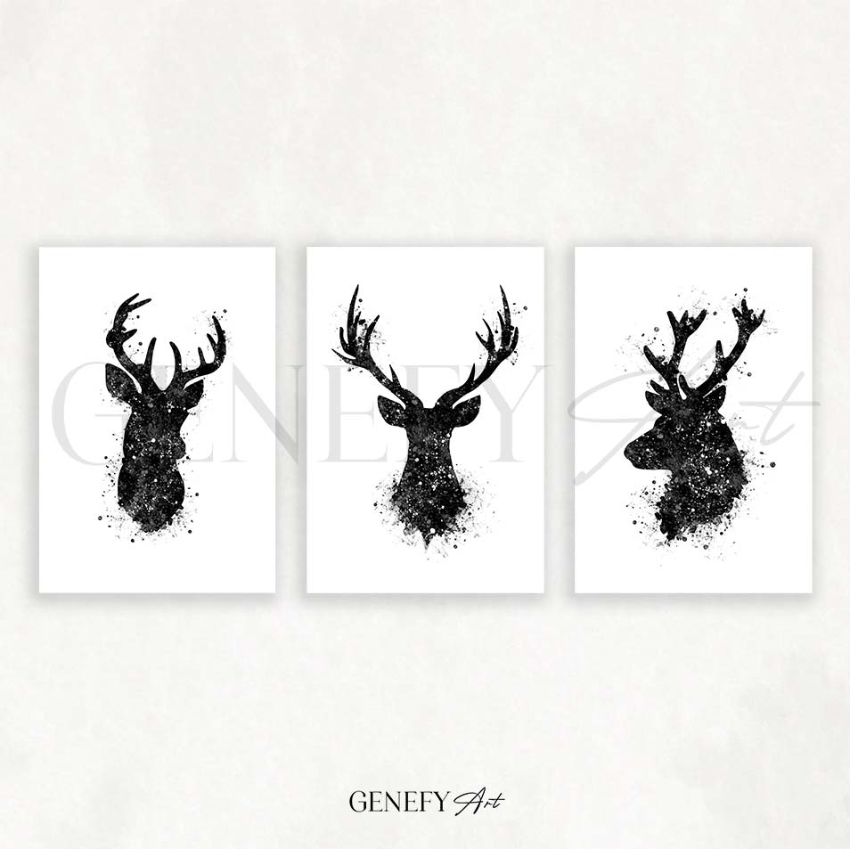 Deer Antler Set of 3 Black and White Watercolour Print