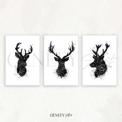 Deer Antler Set of 3 Black and White Watercolour Print