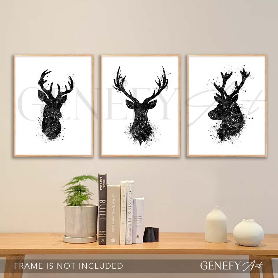 Deer Antler Set of 3 Black and White Watercolour Print