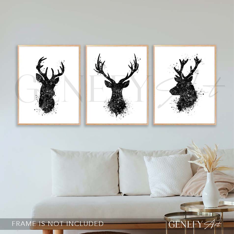 Deer Antler Set of 3 Black and White Watercolour Print