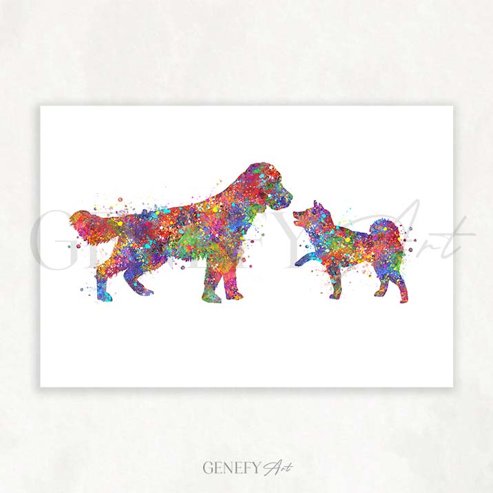 English Springer Spaniel and Shiba Inu Watercolour Print