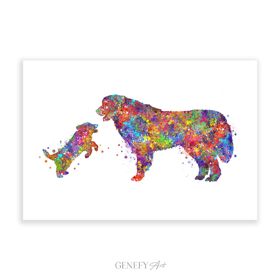 Great Pyrenees and Puppy Watercolour Art Print