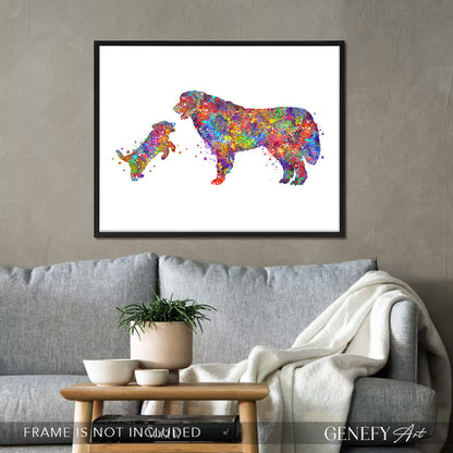 Great Pyrenees and Puppy Watercolour Art Print