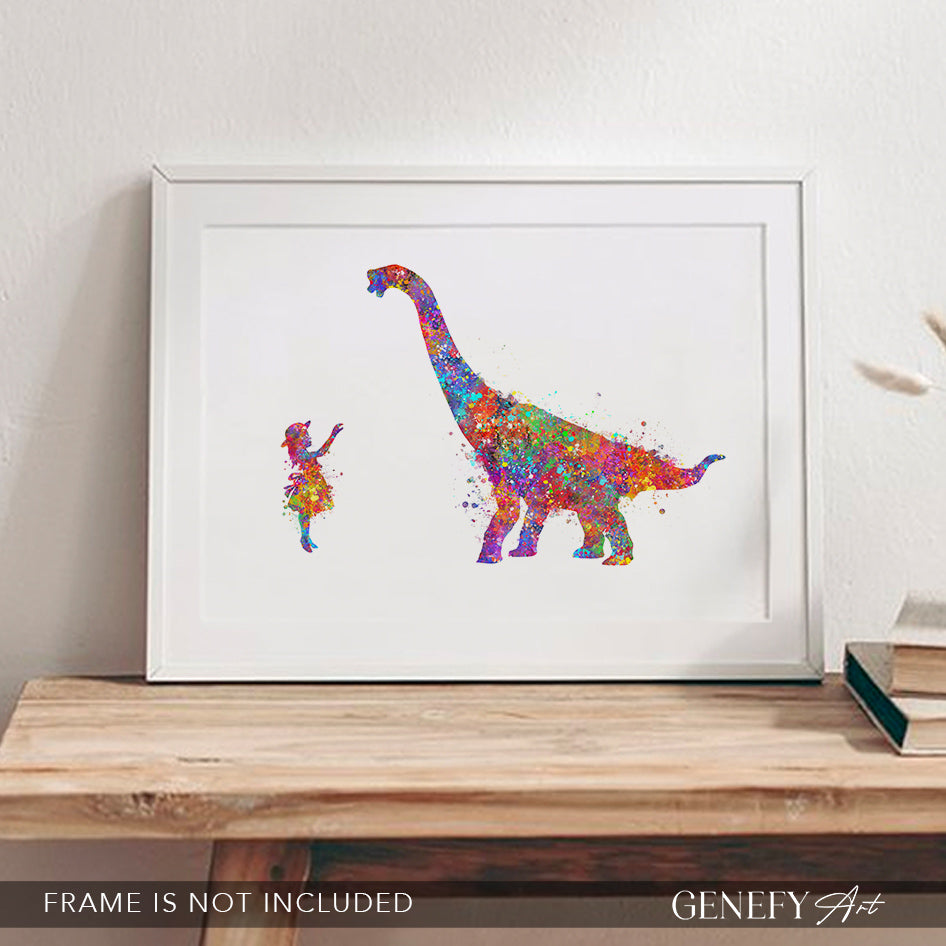 Dinosaur Brachiosaurus and Girl Watercolour Print