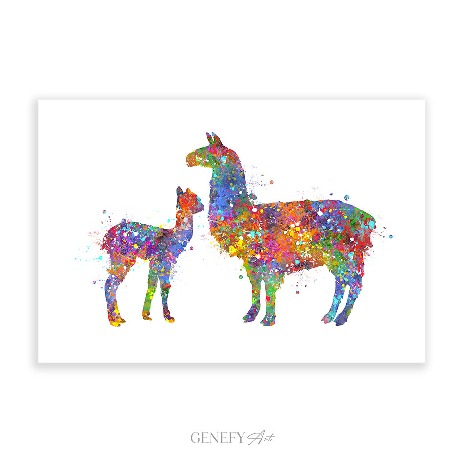 Llama Mother and Baby Watercolour Print