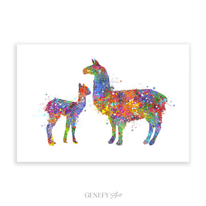 Llama Mother and Baby Watercolour Print