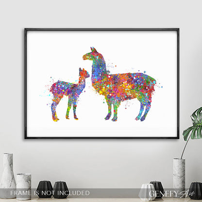 Llama Mother and Baby Watercolour Print