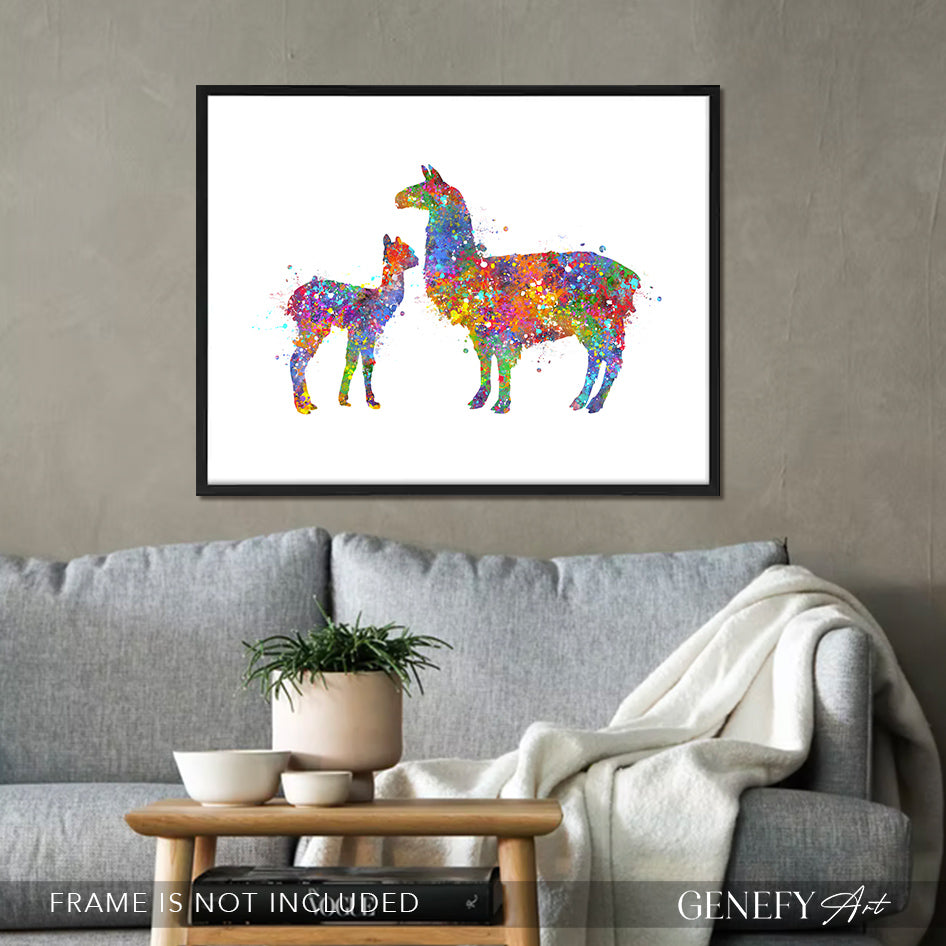 Llama Mother and Baby Watercolour Print
