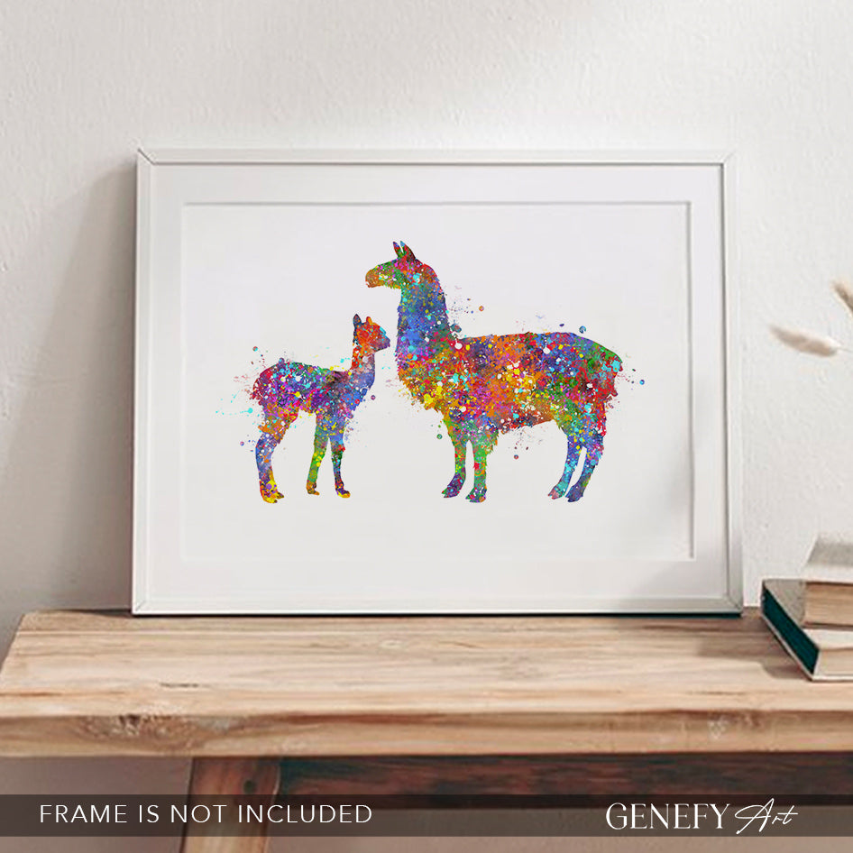 Llama Mother and Baby Watercolour Print