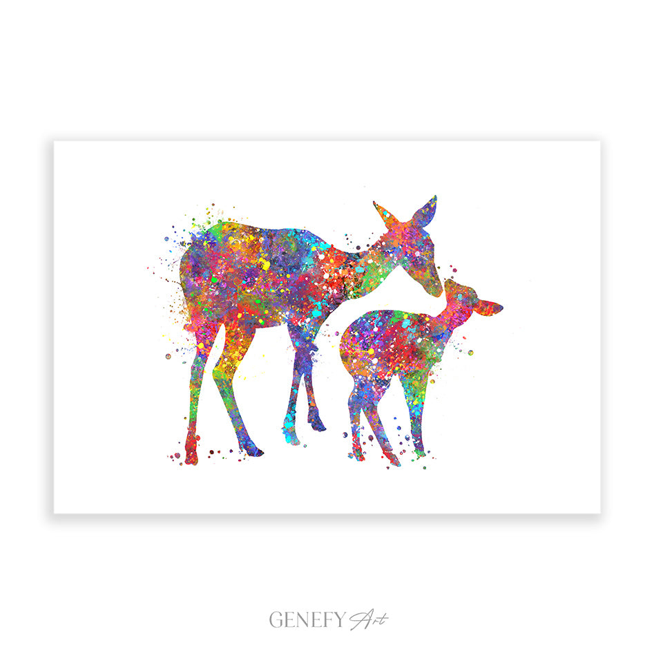 Deer Mother and Baby Watercolour Art Print
