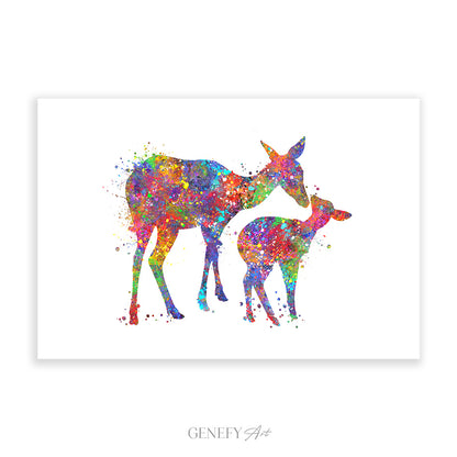 Deer Mother and Baby Watercolour Art Print