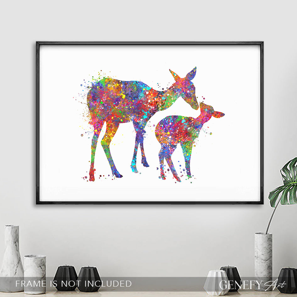 Deer Mother and Baby Watercolour Art Print