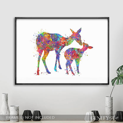 Deer Mother and Baby Watercolour Art Print