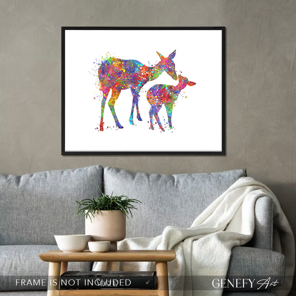 Deer Mother and Baby Watercolour Art Print