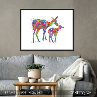 Deer Mother and Baby Watercolour Art Print