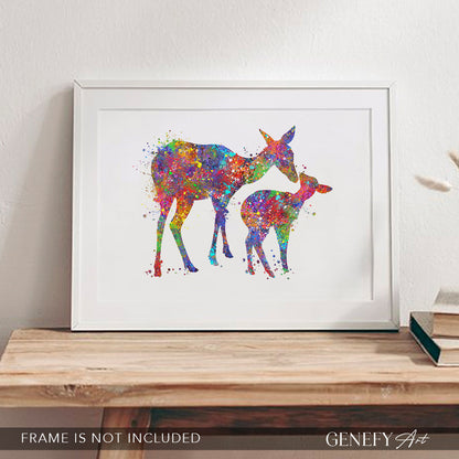 Deer Mother and Baby Watercolour Art Print