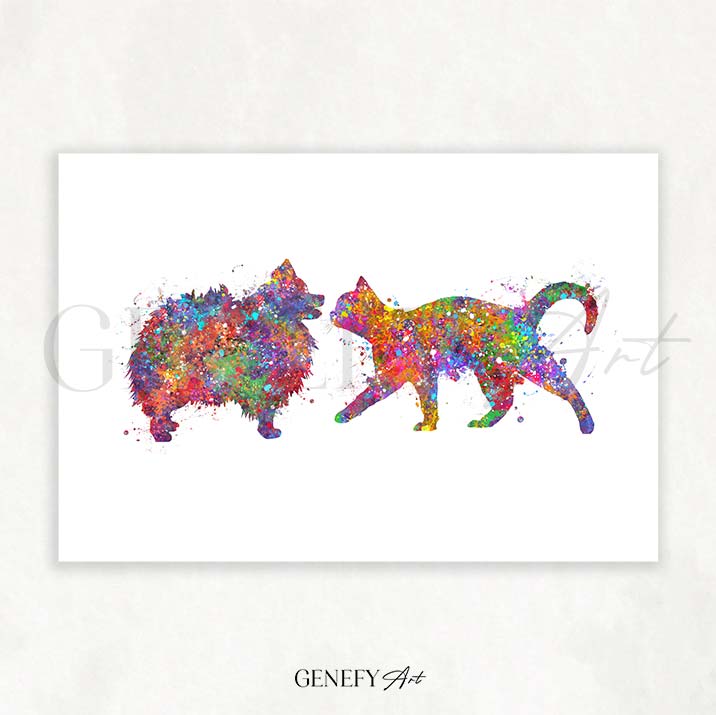 Pomenarian and Cat Watercolour Print