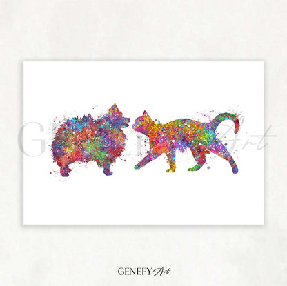 Pomenarian and Cat Watercolour Print